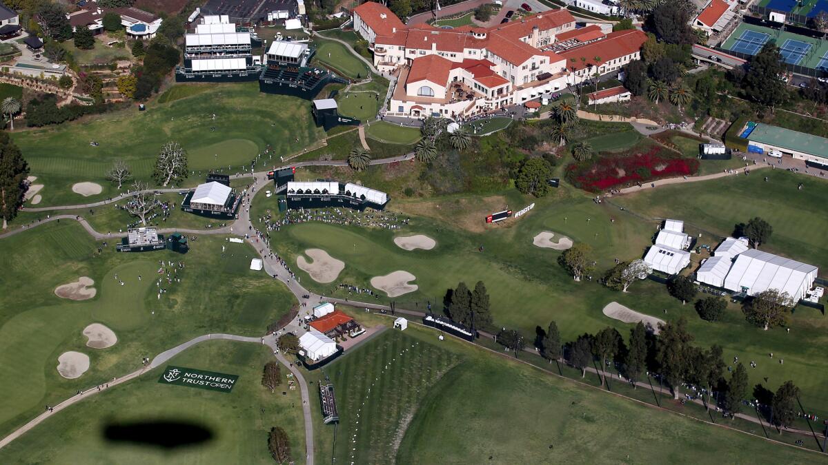 An aerial view of Riviera Country Club, site of the Northern Trust Open golf tournament, taken from the MetLife blimp on Friday.