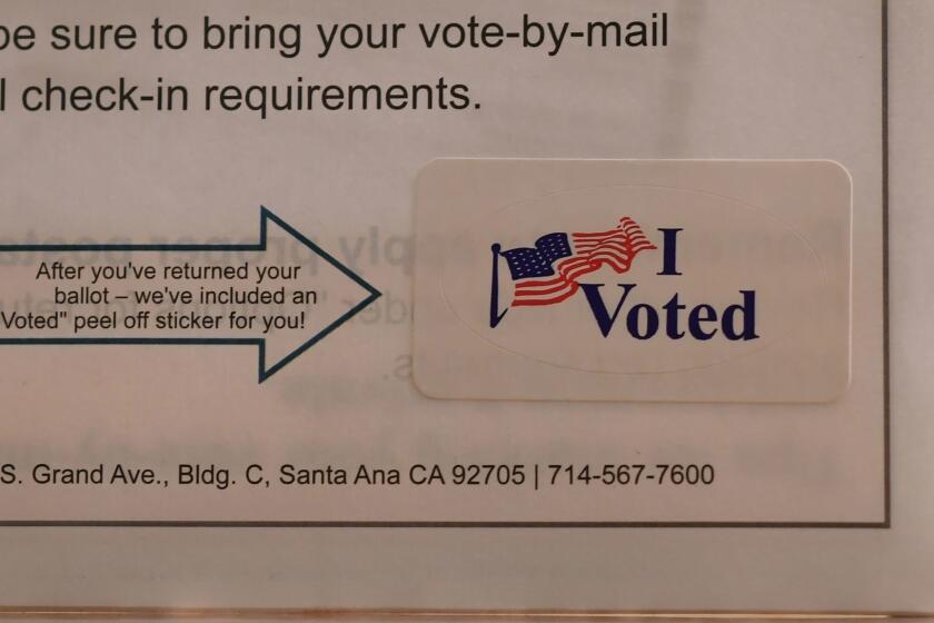 An "I Voted" sticker included in a mail-in ballot package is seen at a Ballot Party at a private residence in Laguna Niguel, in Orange County California, October 24, 2018. - In their effort to take back control of the US Congress, Democrats are hoping to flip red Republican seats to Democrat blue in seven fiercely competitive contests in California in the upcoming November 6th midterm election. (Photo by Robyn Beck / AFP)ROBYN BECK/AFP/Getty Images ** OUTS - ELSENT, FPG, CM - OUTS * NM, PH, VA if sourced by CT, LA or MoD **