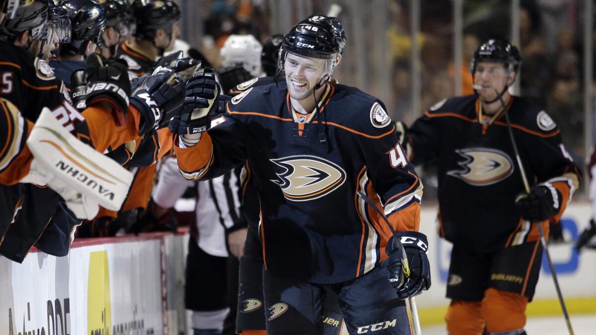 Anaheim Ducks forward Jiri Sekac celebrates after scoring during a 3-2 overtime win over the Colorado Avalanche on Friday.