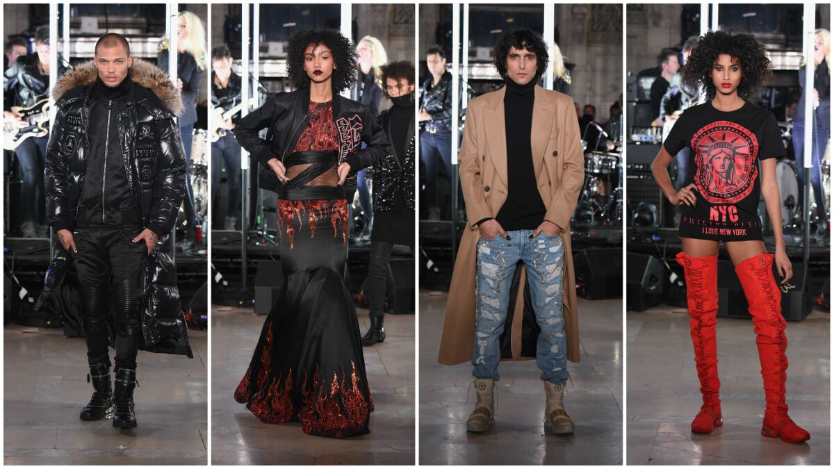 Looks from the Philipp Plein fall/winter 2017 runway collection presented at the New York Public Library on Monday during New York Fashion Week.