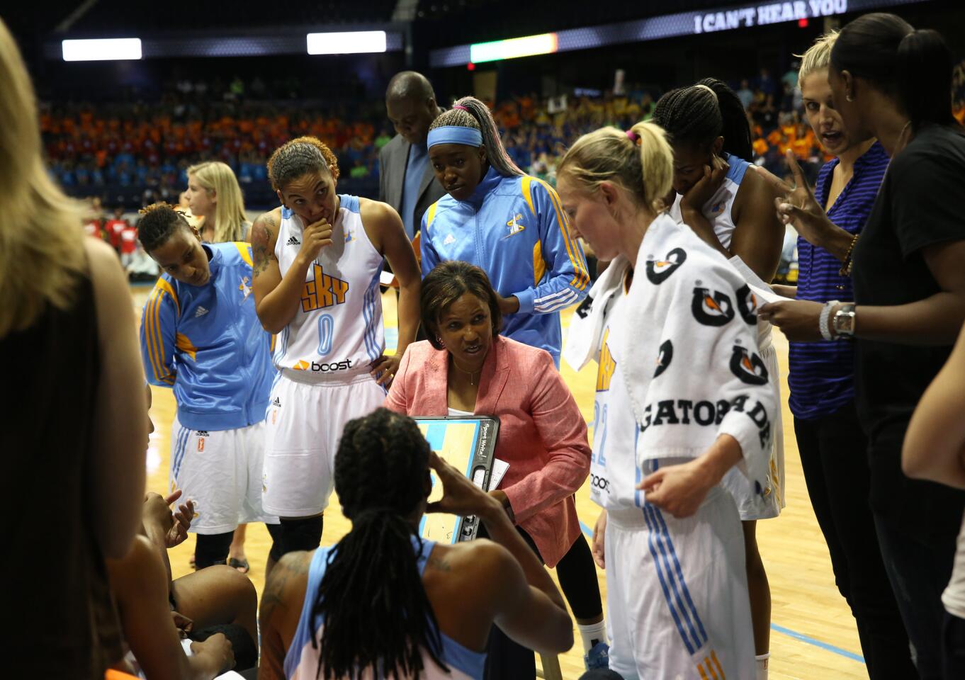 Chicago Sky head coach Pokey Chatman, during a time out against the New York Liberty.