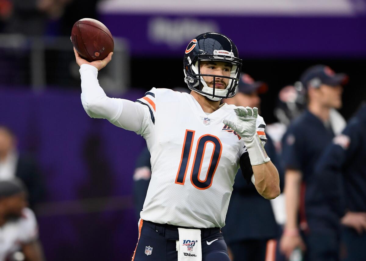 Bears quarterback Mitchell Trubisky warms up before Chicago's game against the Minnesota Vikings on Dec. 29, 2019.