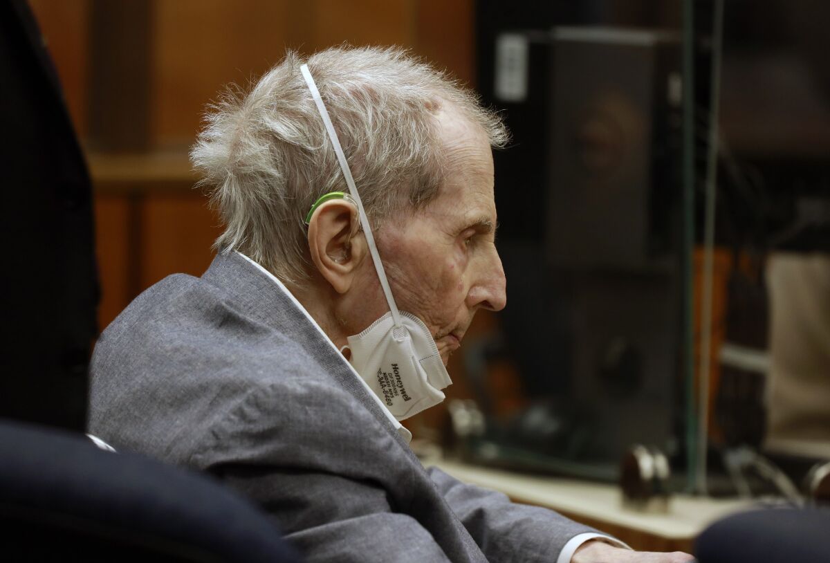 Robert Durst appears in a courtroom with his attorneys for closing arguments Wednesday, Sept. 8, 2021 in Inglewood, Calif. Robert Durst is a champion at running from responsibility, covering his tracks with lies so numerous he couldn't keep them all straight, a prosecutor said Wednesday during closing arguments in the New York real estate heir's murder trial. (Al Seib/Los Angeles Times via AP, Pool)
