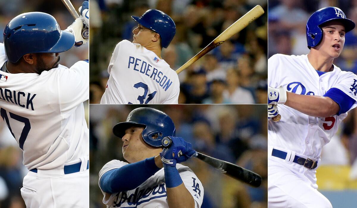 Clockwise from top left: Howie Kendrick, Joc Pederson, Corey Seager and Enrique Hernandez likely will all see time batting at the top of the order for the Dodgers this season.