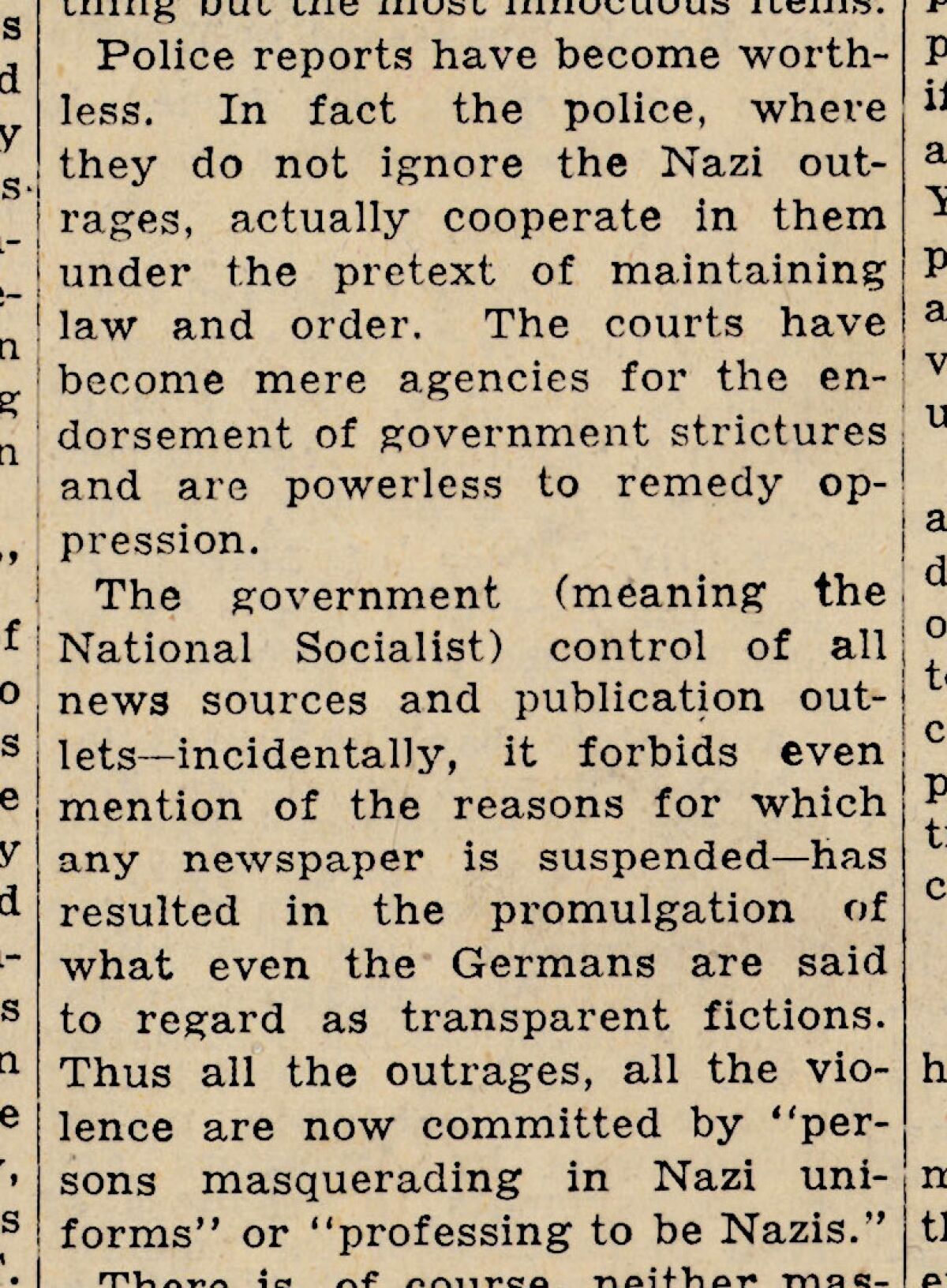 An excerpt of a 1933 news report on yellowed newsprint addresses suppression of the press