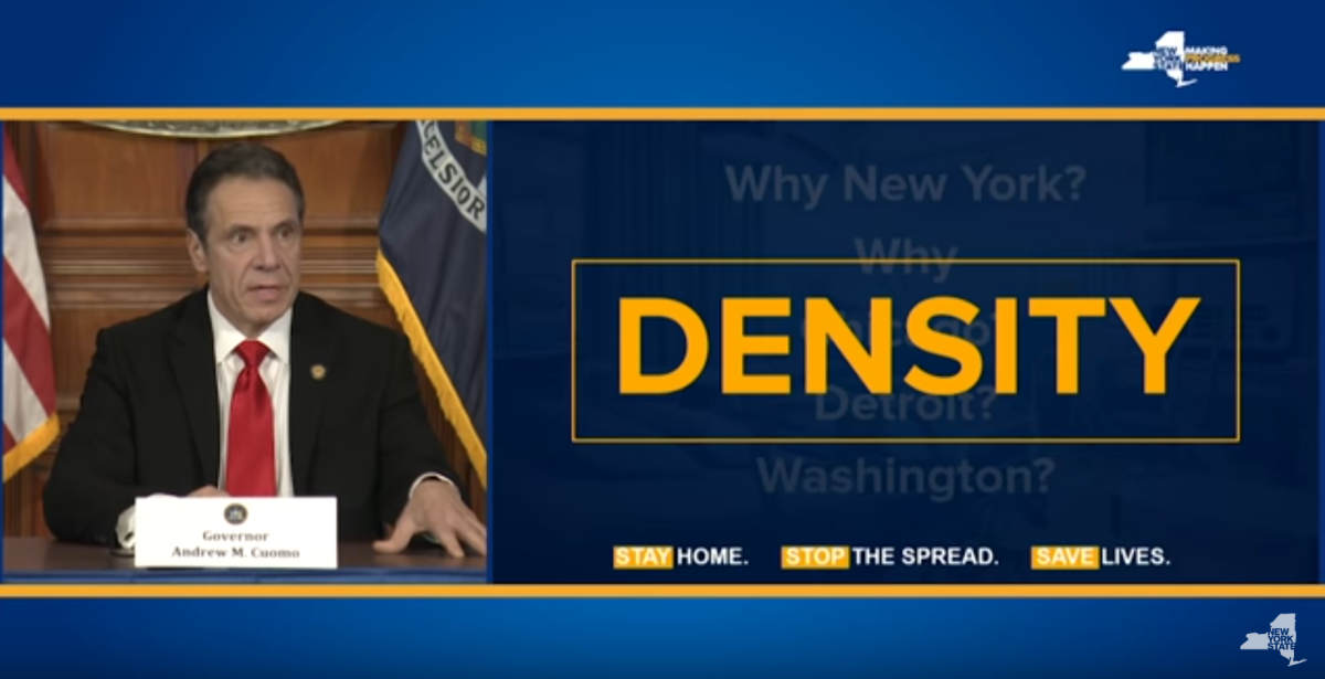 New York Gov. Andrew Cuomo blames New York City's density for the widespread coronavirus outbreak during a news conference on April 13.
