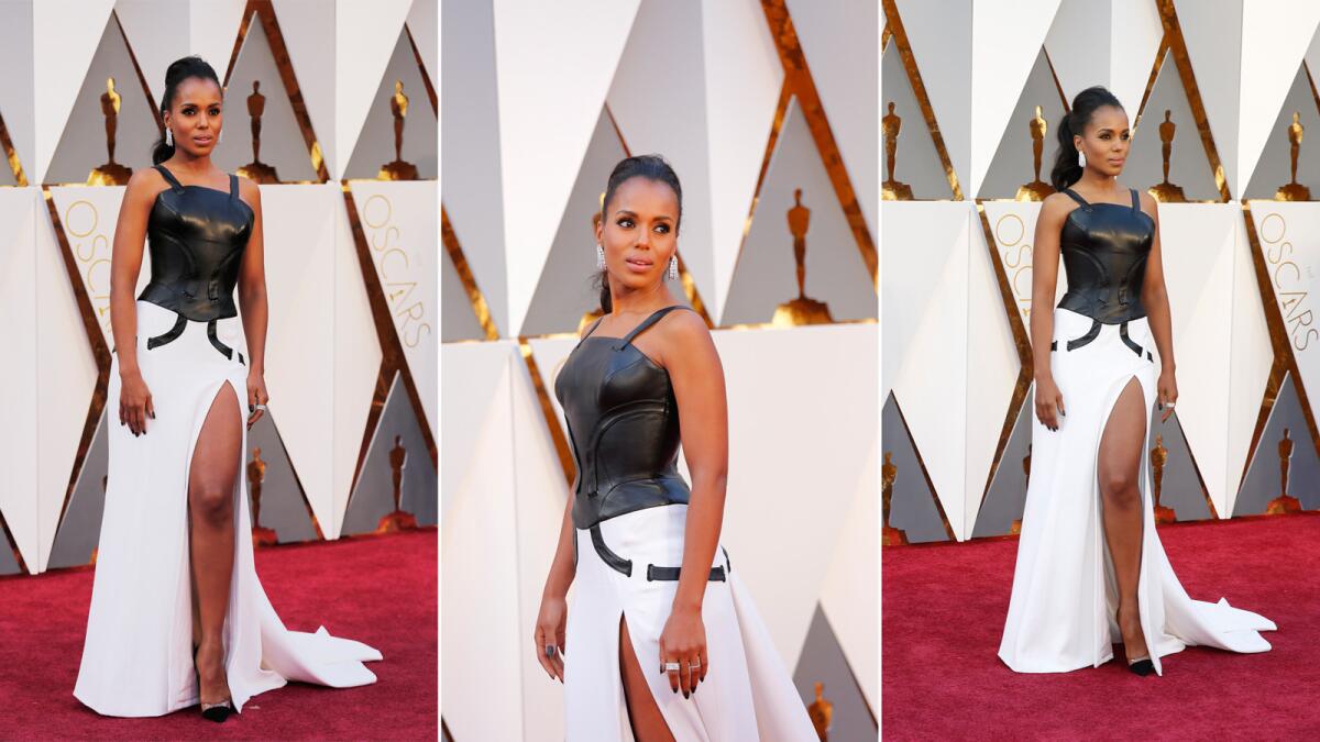 Kerry Washington makes our best-dressed list thanks to this gladiator-appropriate custom Atelier Versace gown with a black leather bustier, white skirt and the fiercest thigh-high leg slit to hit the red carpet since Angelina Jolie’s meme-launching moment.