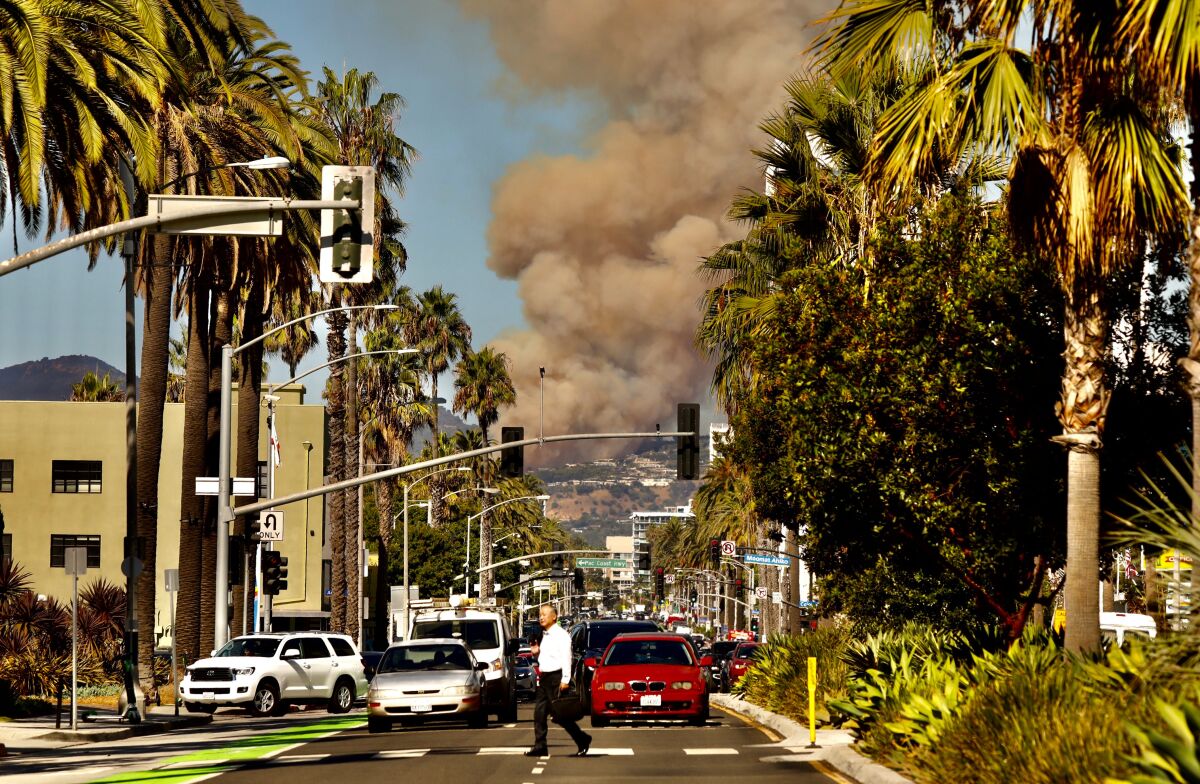 Smoke from the Palisades fire as seen from Santa Monica on Oct. 21.