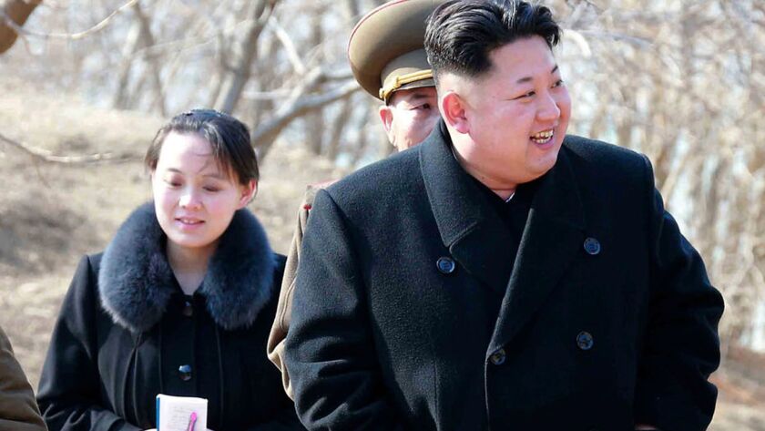 North Korean leader Kim Jong Un and his sister Kim Yo Jong, left, visit a military unit in 2015.