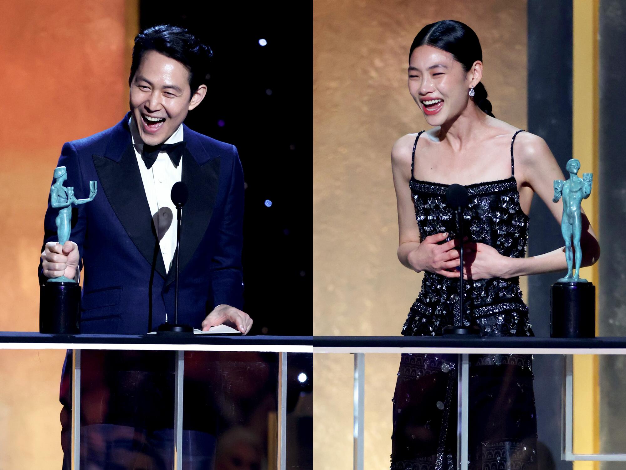 "Squid Game's" Lee Jung-jae and Jung Ho-yeon are shown alongside their SAG awards.