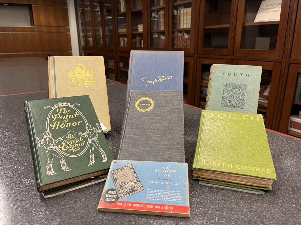 A display of a few of the 220 books about and by author Joseph Conrad given to the Georgetown University.
