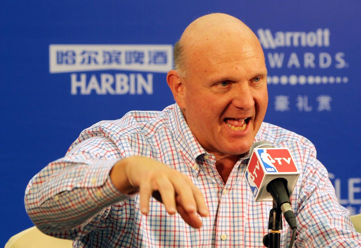 SHENZHEN, CHINA - OCTOBER 11: Steve Ballmer, owner of Los Angeles Clippers speaks to media during the press conference before the match between Charlotte Hornets and Los Angeles Clippers as part of the 2015 NBA Global Games China at Universiade Centre on October 11, 2015 in Shenzhen, China. (Photo by Zhong Zhi/Getty Images) ** OUTS - ELSENT, FPG, CM - OUTS * NM, PH, VA if sourced by CT, LA or MoD **