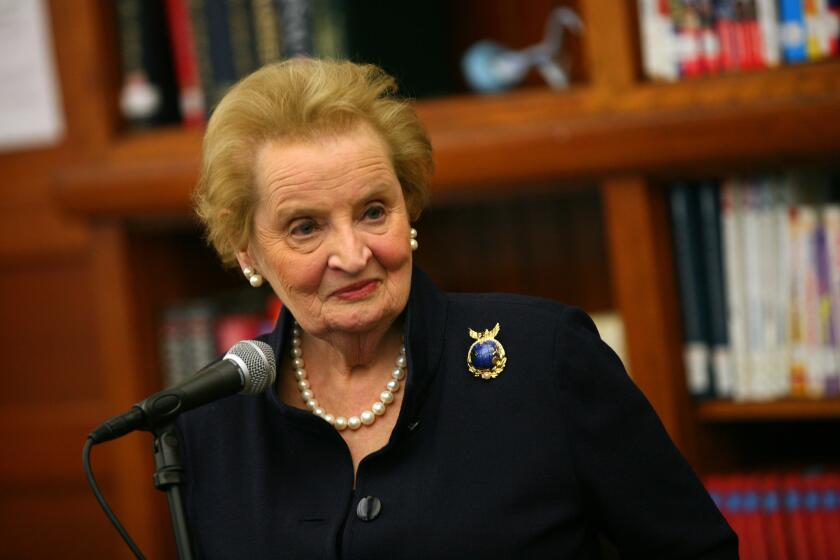 Former Secretary of State Madeleine Albright meets with students in Chicago on April 10, 2012.