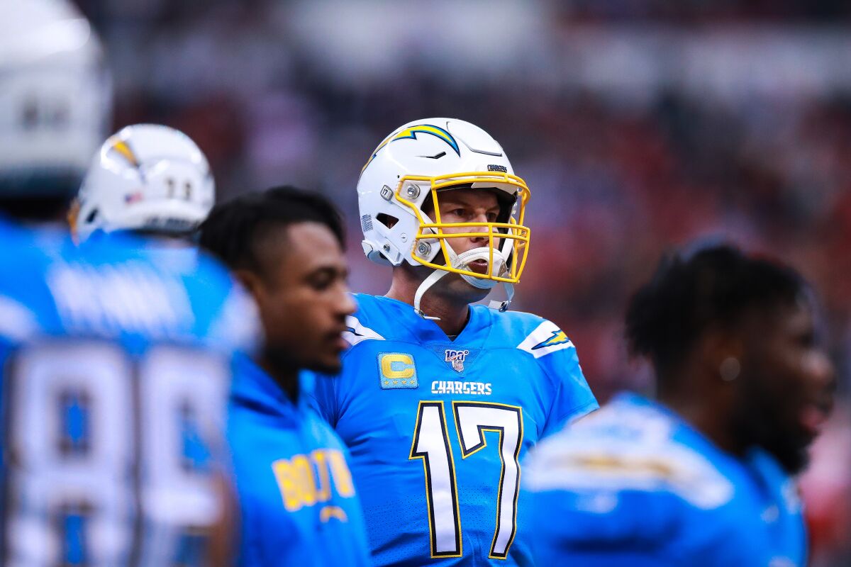 Chargers quarterback Philip Rivers before a game against the Chiefs at Estadio Azteca on Nov. 18.