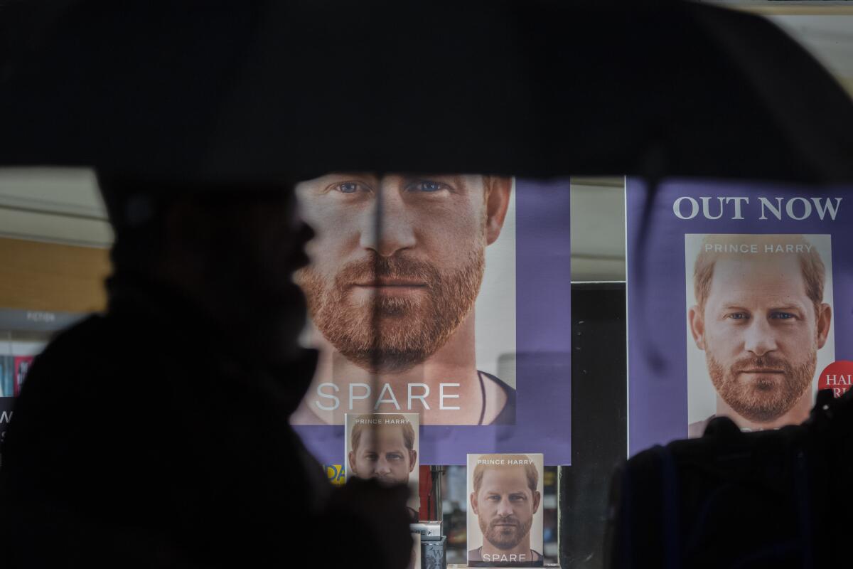 Promotional posters for Prince Harry's book "Spare" are displayed at a store in London on Jan. 10. 