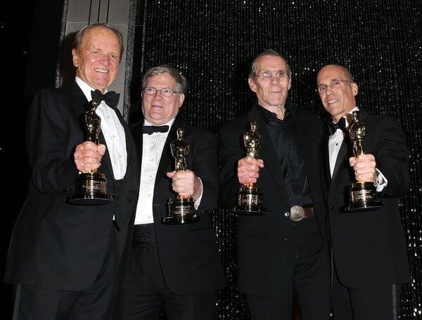 Honorees George Stevens Jr., left, D.A. Pennebaker, Hal Needham and Jeffrey Katzenberg attend the Academy of Motion Picture Arts and Sciences' fourth annual Governors Awards.