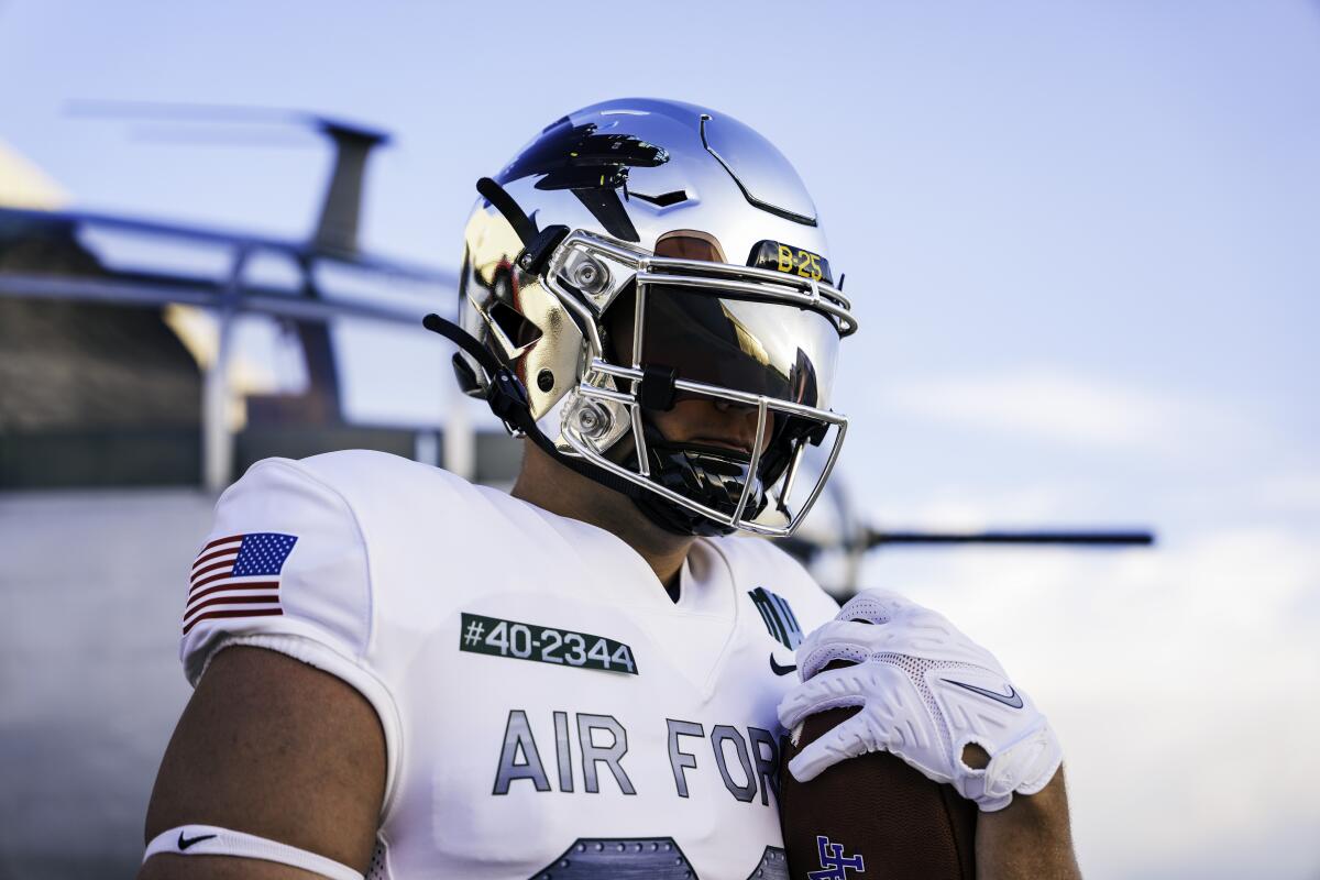 A football player is wearing Air Force's new football uniform honoring the Doolittle Raiders from World War II