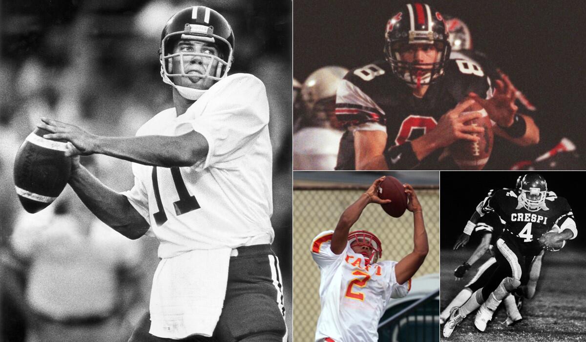 Clockwise from left: Granada Hills' John Elway in 1979, Hart's Kyle Boller in 1998, Crespi's Russell White in 1986, and Taft's Steve Smith in 2000.