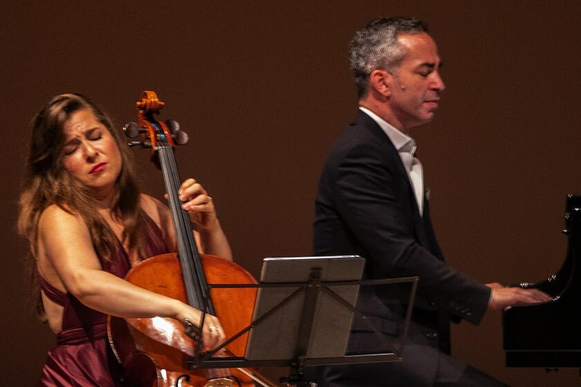 Cellist Alisa Weilerstein performs with SummerFest music director Inon Barnatan at the grand finale of the La Jolla Music Society’s gala in 2019.