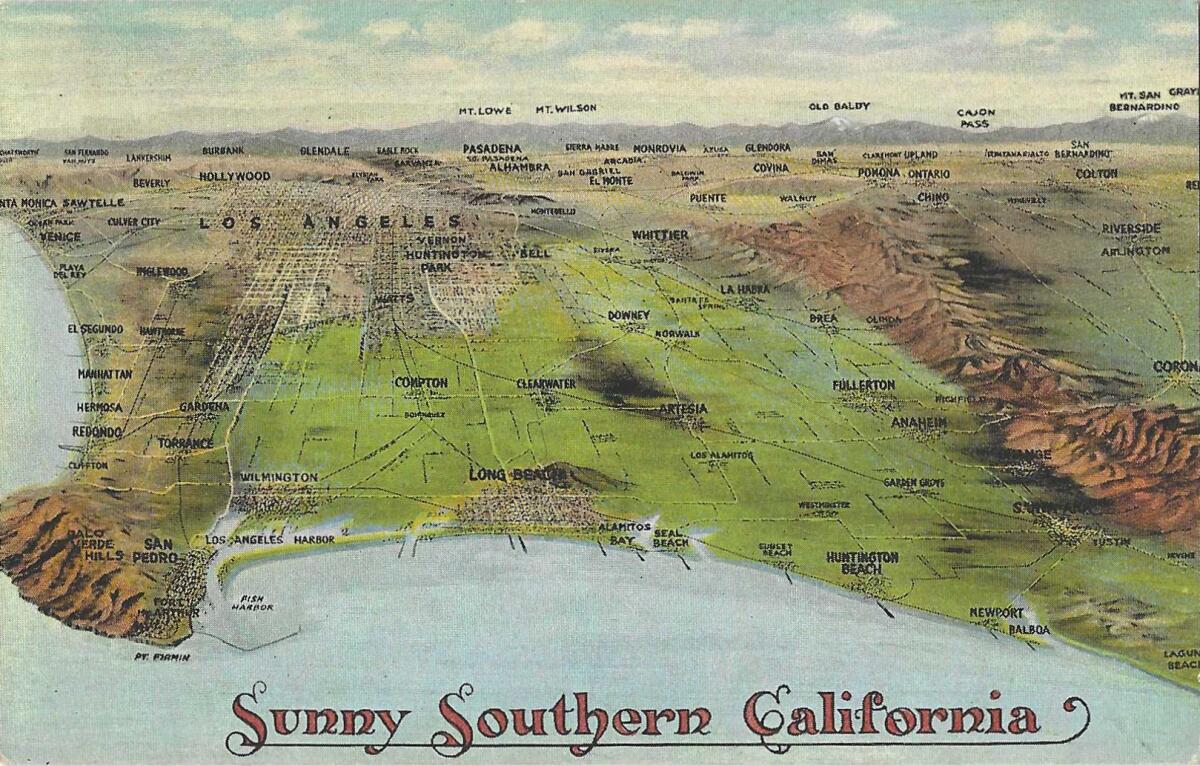 Vintage postcard shows a pre-sprawl Southern California landscape and reads "Sunny Southern California"