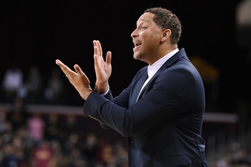 LOS ANGELES, CA - JANUARY 05: USC assistant coach Tony Bland yells out instructions during an NCAA basketball game between the Stanford Cardinal and the USC Trojans on January 5, 2017, at the Galen Center in Los Angeles, CA. (Photo by Brian Rothmuller/Icon Sportswire) (Icon Sportswire via AP Images)