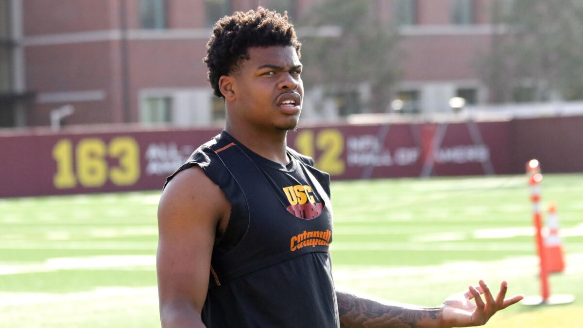 USC safety Chris Hawkins wears the Catapult GPS tracking system while rehabbing an ankle injury during spring practice.