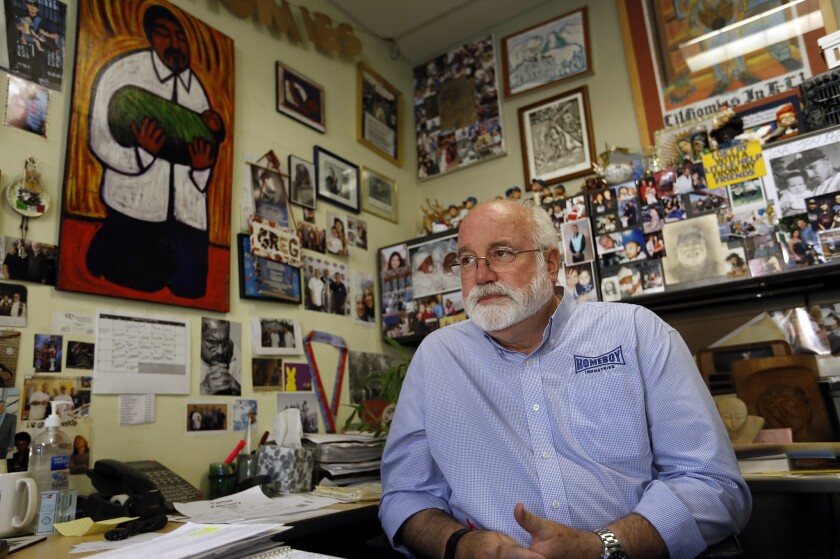 Father Greg Boyle, executive director and founder of the job-training nonprofit Homeboy Industries, in his office in 2015.