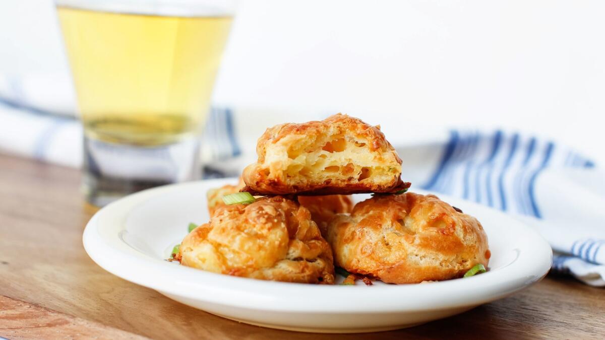 Gougeres are delicate cheese puffs; these have chives and bacon added.