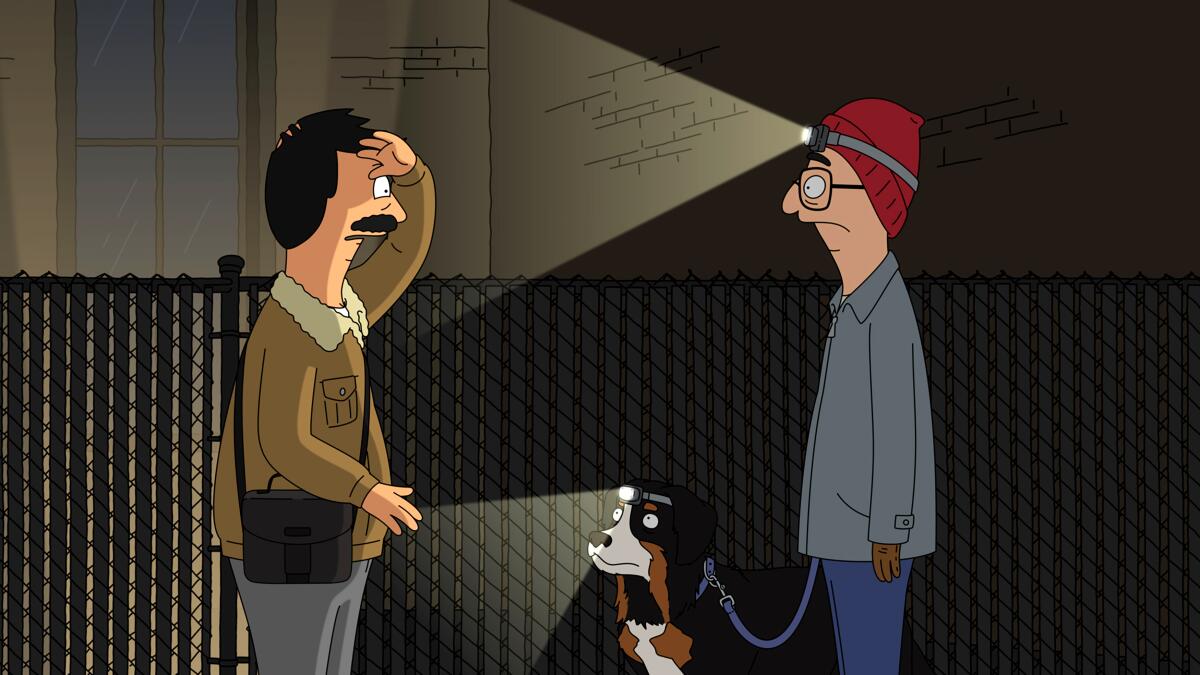 Nighttime: An animated character with a moustache (Bob) talks with a man & a dog with lights strapped to their foreheads.