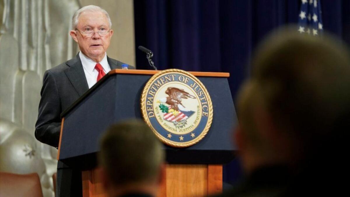 Then-Atty. Gen. Jeff Sessions speaks at the U.S. Marshals Service 37th Director's Honorary Awards Ceremony in Washington on Nov. 1.