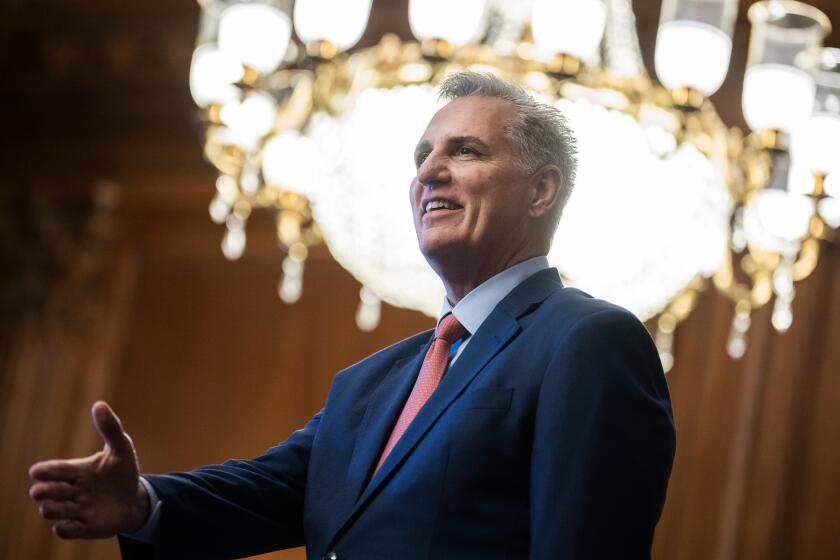 UNITED STATES - DECEMBER 14: Rep. Kevin McCarthy, R-Calif., greets staffers and members while conducting a photo-op in the U.S. Capitol's Rayburn Room on Thursday, December 14, 2023. McCarthy will leave Congress at the end of the year. (Tom Williams/CQ-Roll Call, Inc via Getty Images)