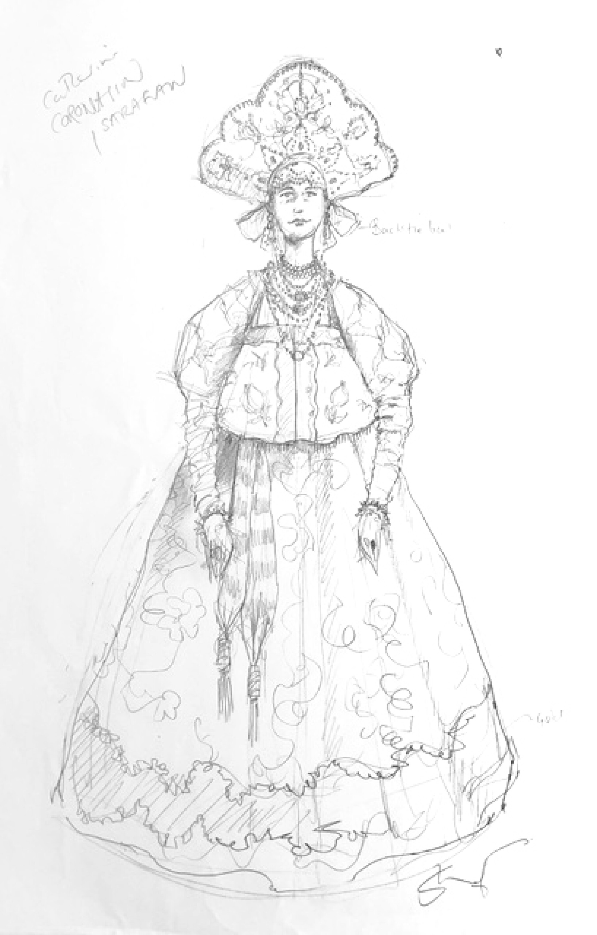 A sketch of a historical dress.