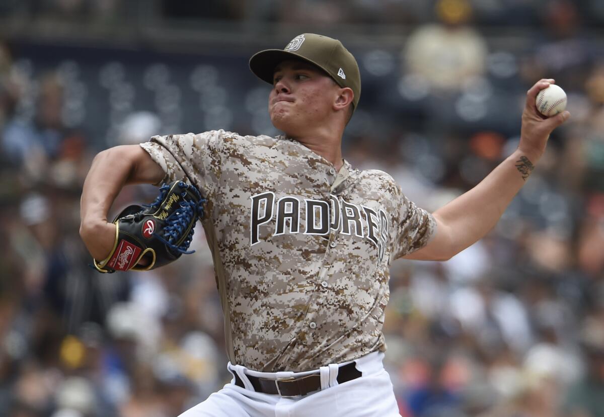 Adrian Morejon of the San Diego Padres pitches during the second inning of a baseball game against the San Francisco Giants at Petco Park July 28, 2019 in San Diego, California.