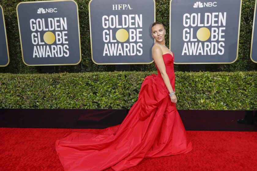 BEVERLY HILLS, CA-JANUARY 05: Scarlett Johansson arriving at the 77th Golden Globe Awards at the Beverly Hilton on January 05, 2020. (Marcus Yam / Los Angeles Times)