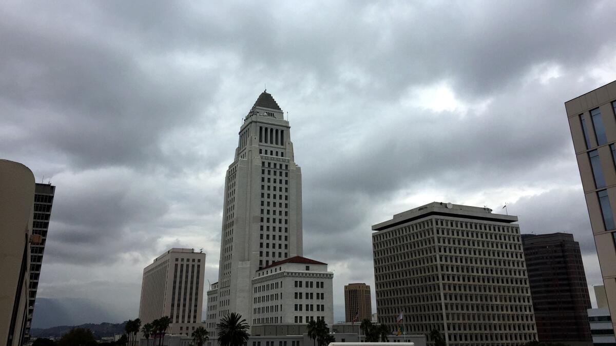Overcast skies over Los Angeles City Hall in October.