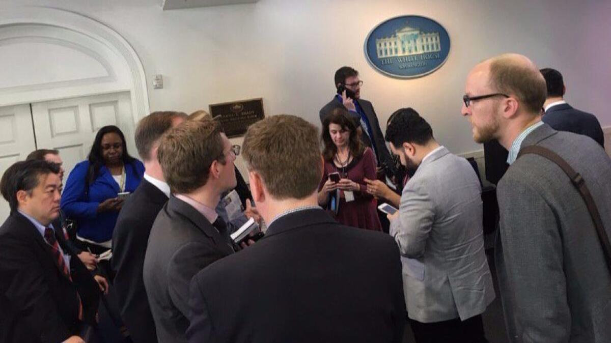 Reporters left out of Friday's press gaggle included those from the Los Angeles Times, New York Times, CNN and Politico.