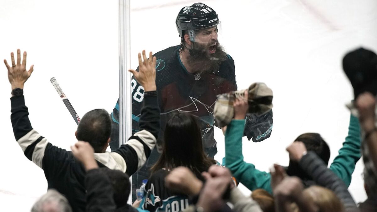 San Jose Sharks defenseman Brent Burns celebrates after scoring a goal against the Anaheim Ducks during the third period.