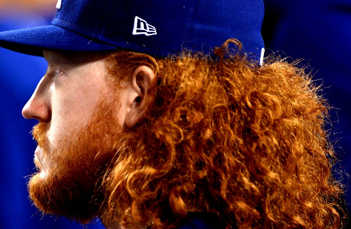 Dustin May before a Dodgers game on Oct. 3, 2022.