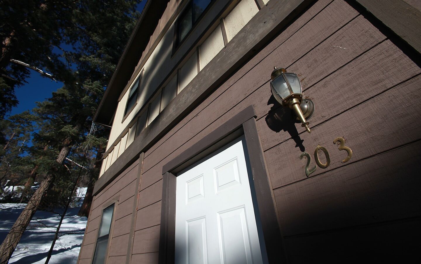 The front door of Unit 203 at Mountain Vista Resort in Big Bear on Wednesday. The unit at the condominium complex is where Christopher Dorner allegedly hid from law enforcement for days.