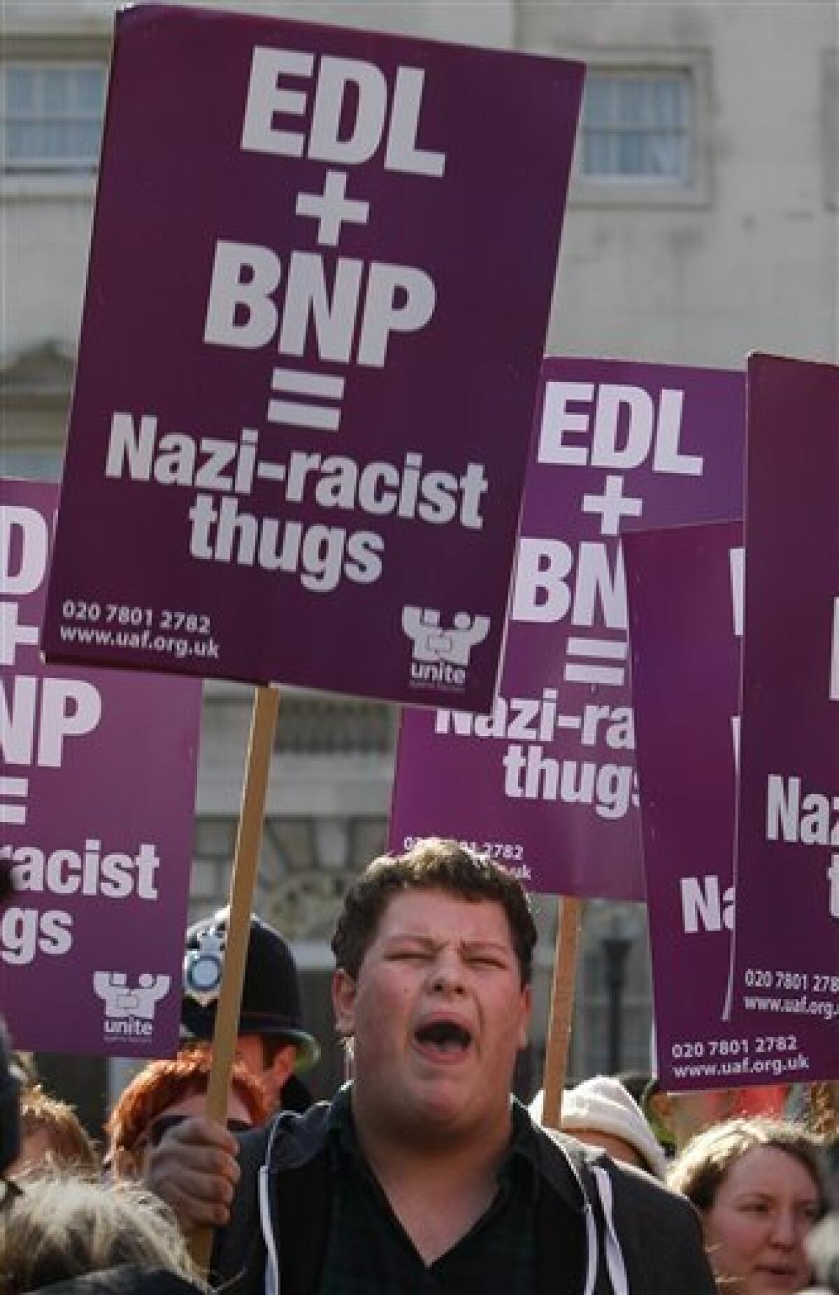 A protestor demonstrates against the visit to Britain of controversial Dutch politician Geert Wilders who attended a press conference in London, Friday, March 5, 2010. (AP Photo/Kirsty Wigglesworth)