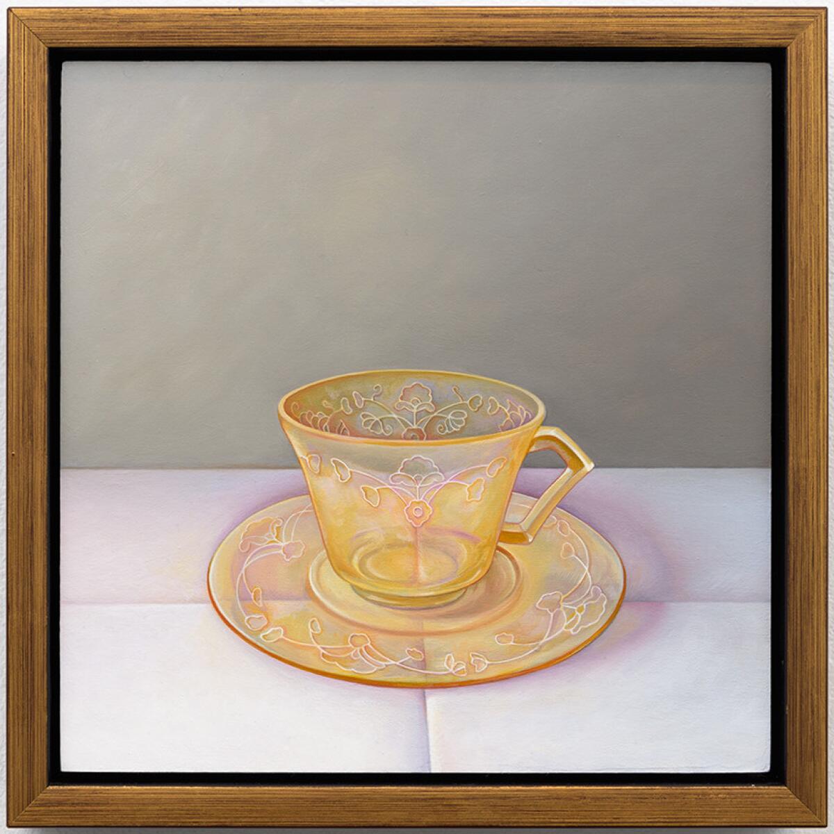 Laura Lasworth's "Depression Glass Tea Cup," 2016, oil on wood panel, 9.25 inches by 9.25 inches framed. (Lora Schlesinger Gallery)