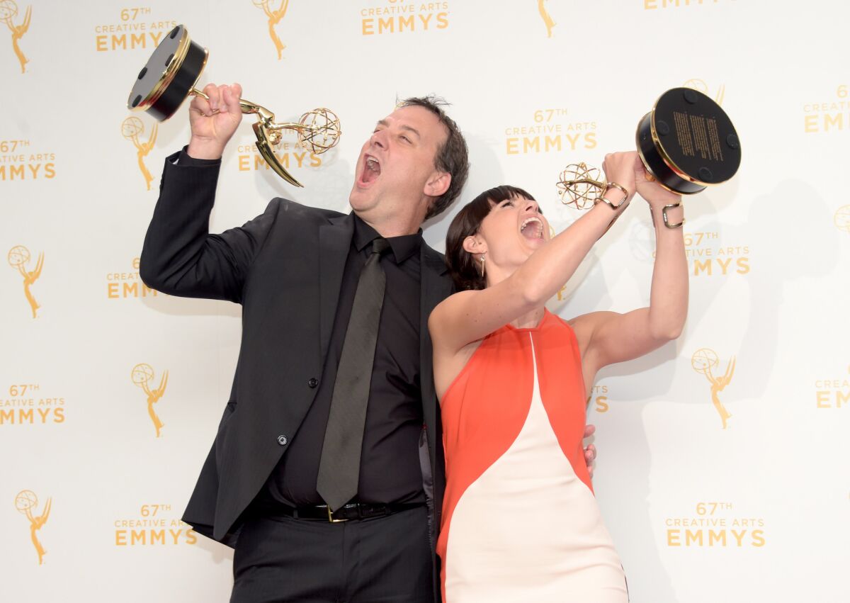 Mathew Waters and Onnalee Blank of "Game of Thrones," winners in the sound mixing category for hourlong comedy or drama series, at the 2015 Creative Arts Emmy Awards on Saturday at Microsoft Theater in Los Angeles.