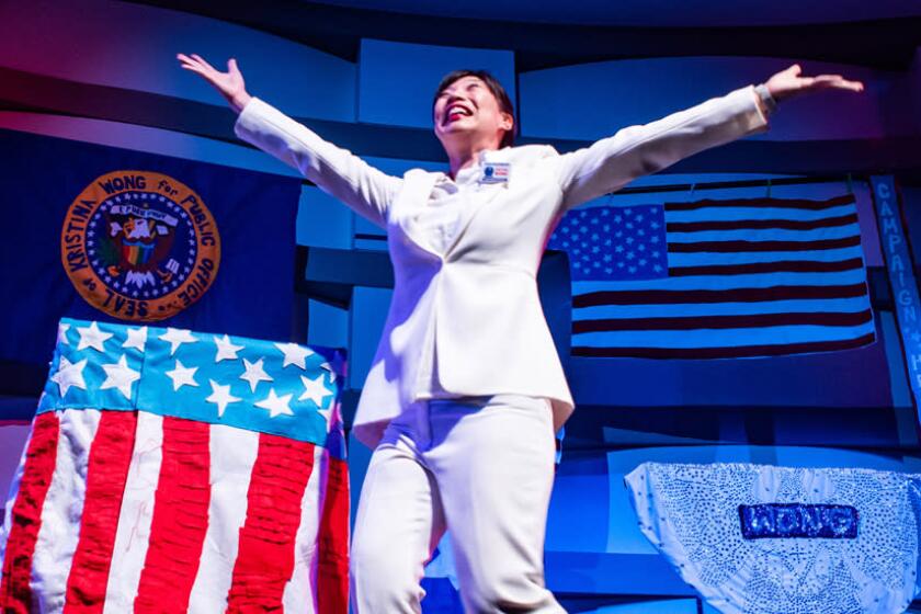 Kristina Wong in “Kristina Wong for Public Office” captured at the Kirk Douglas Theatre in October 2020.