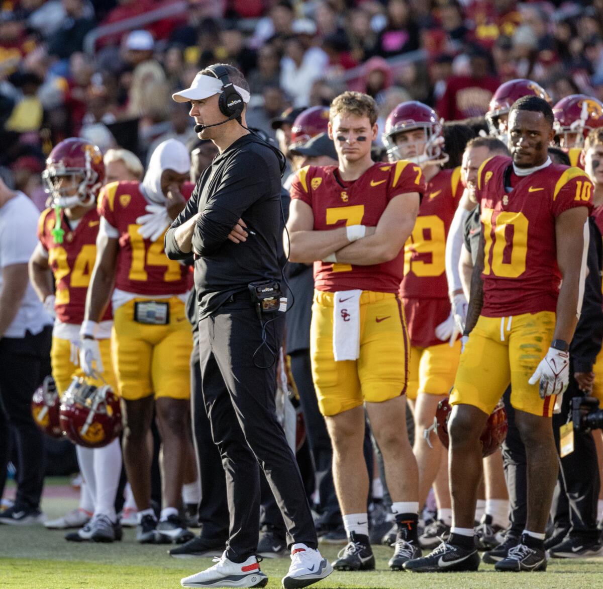 USC coach Lincoln Riley stands on the sideline during a loss to UCLA at the Coliseum on Nov. 18.