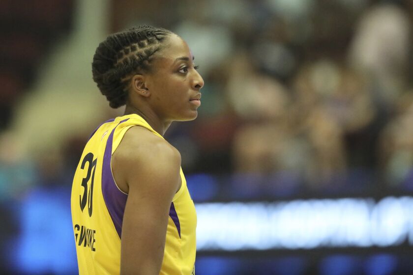 Los Angeles Sparks Nneka Ogwumike #30 is seen against the New York Liberty during a WNBA basketball game, Saturday, July 20, 2019, in White Plains, N.Y. (AP Photo/Gregory Payan)