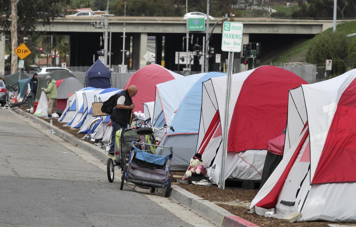 The homeless encampment on South Oceanside Boulevard in March.