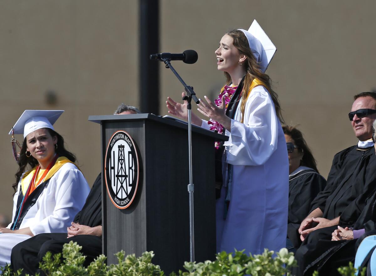 Student speaker Shiloh Langham gets emotional during her speech during Tuesday's ceremony.