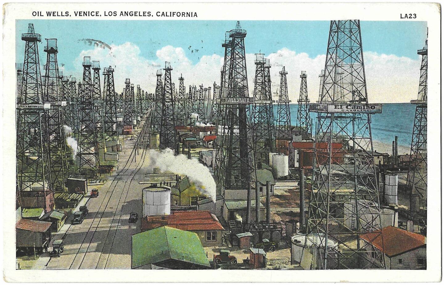 Vintage postcards show oil derricks in the L.A. area