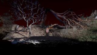 A woman stands before fire ravaged trees.