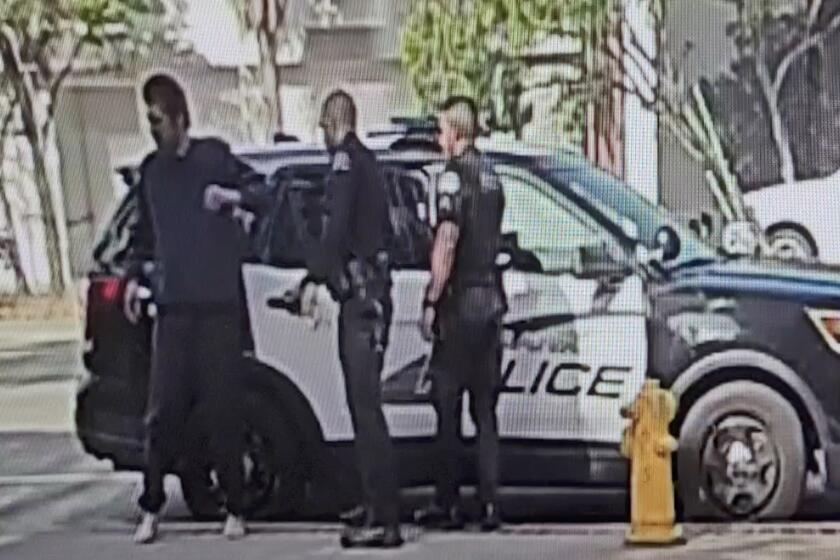 Video office shows unhoused man being dropped off in Los Angeles by Burbank police officers. 